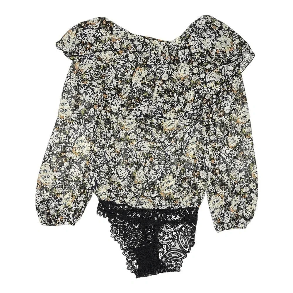 Free People Say It To Me Spring Floral Ruffled Bodysuit Blouse Size L